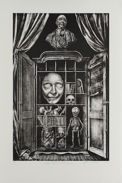 David O´Kane: Splendide Mendax – Verba Volant, Scripta Manent, 2017, 
manière noire lithograph, motif size 32 x 21.5 cm, paper size 56 x 38 cm, 
edition 3 of 10. From the series A Modest Proposal. 
Inspired by Jonathan Swift.

